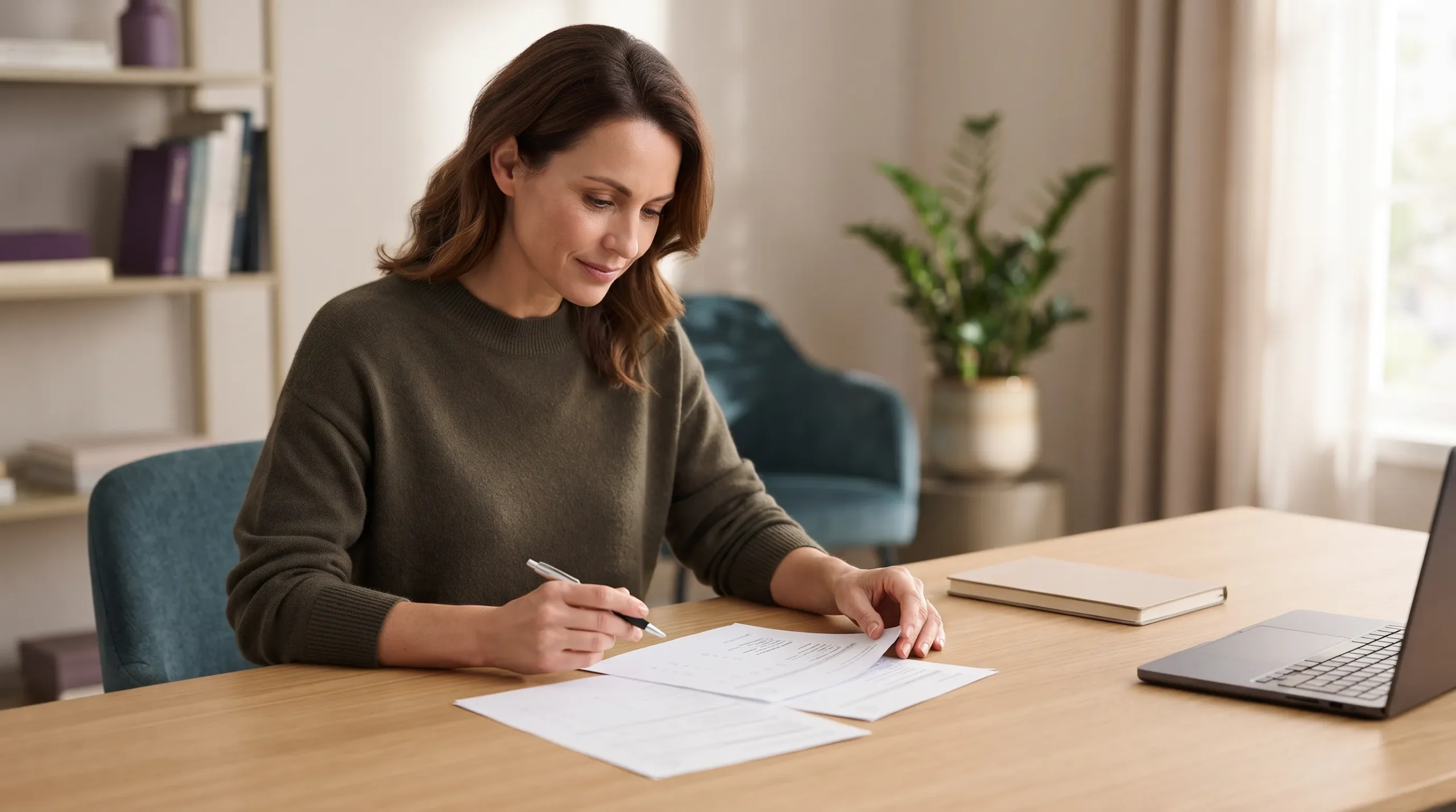 Adult reviewing ADHD screening questionnaires and assessment papers at a desk.